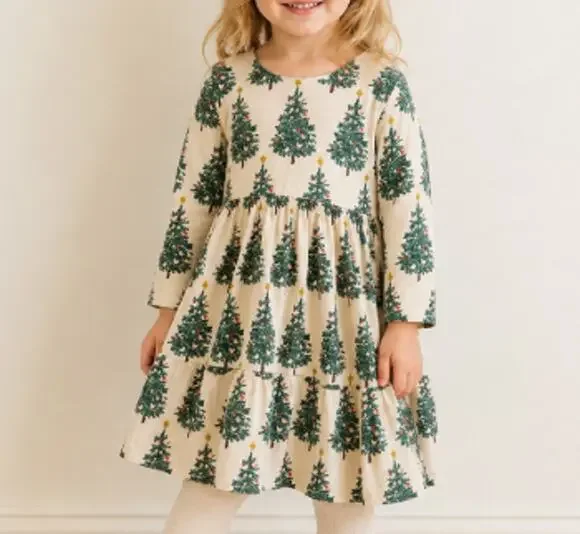 Pink Chicken Girl's Cream Green Christmas Tree A- Line Dress Size 3Y
