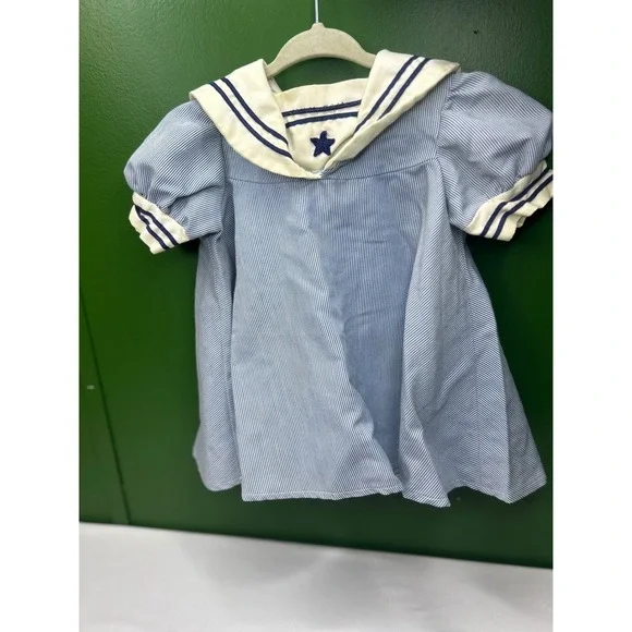 Vintage Toddle Time JCPenney Blue White Pinstripe Sailor Dress Star Size 1