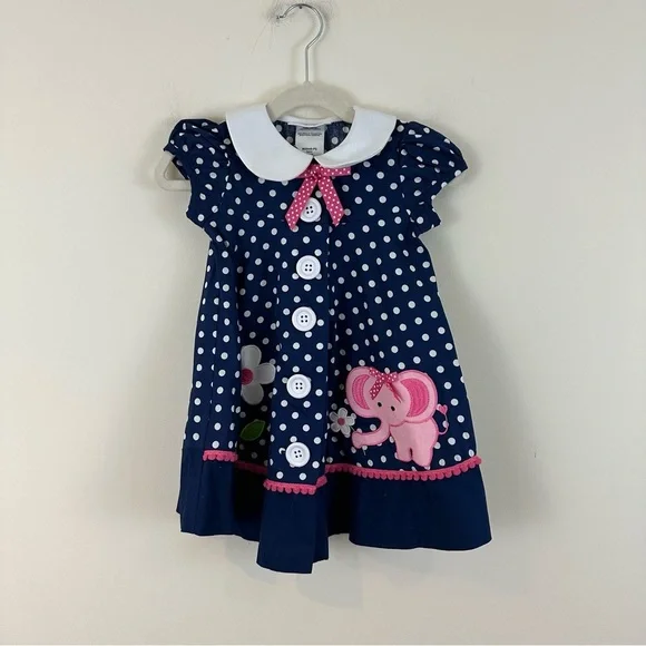 Bonnie Jean Toddler Girls Navy Polka Dot Elephant /Daisy Dress Size 2T