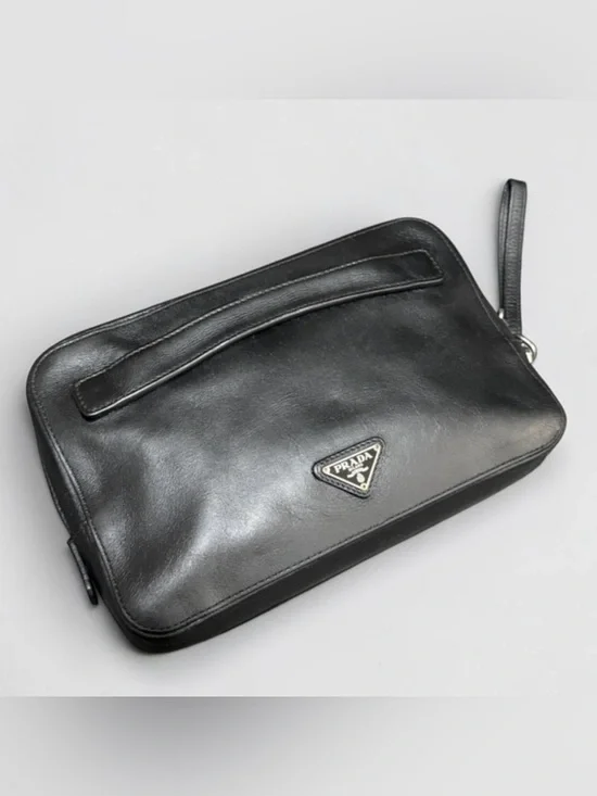 Prada Black Leather Wrist Strap Clutch Double zip Travel Organizer