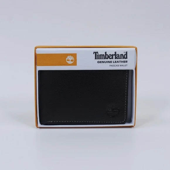 Timberland Men's Black Genuine Leather Bifold Passcase Wallet Dual ID Window NIB