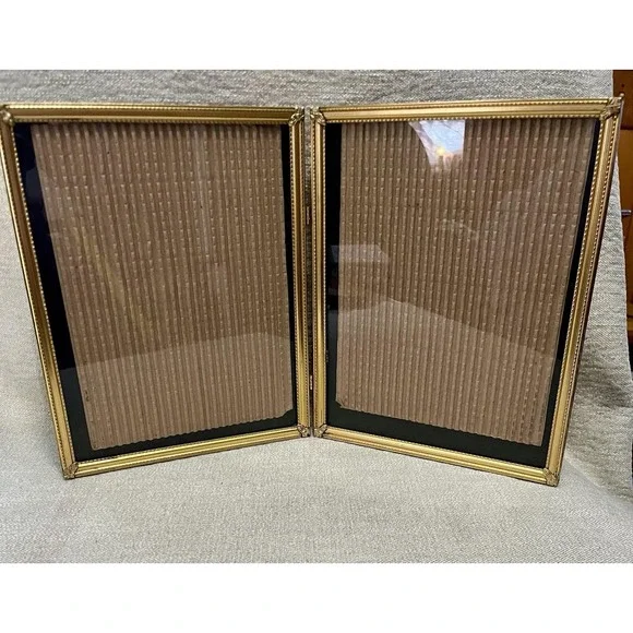 Vintage Gold Double Folding Picture Frame 8x10 Hinged Embossed Metal Tabletop