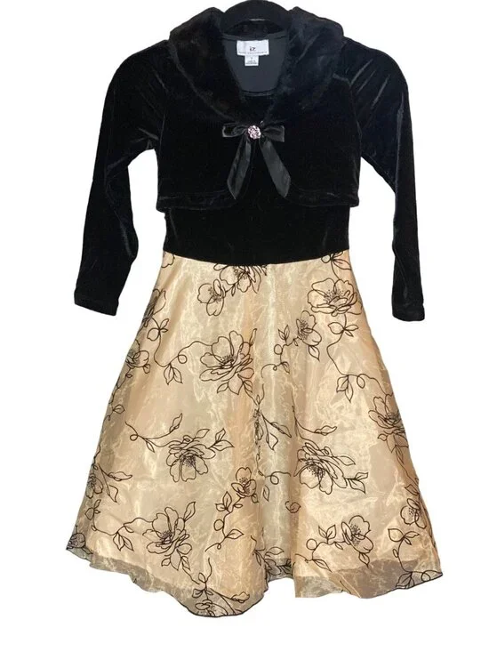 Girl 7 IZ Byer Black Velvet Collar Gold Sparkle Floral California Holiday Dress