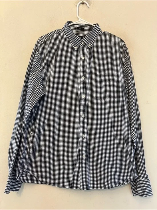 J Crew Men's Navy white Check Button-Down long sleeve Shirt Slim fit Size XL EUC