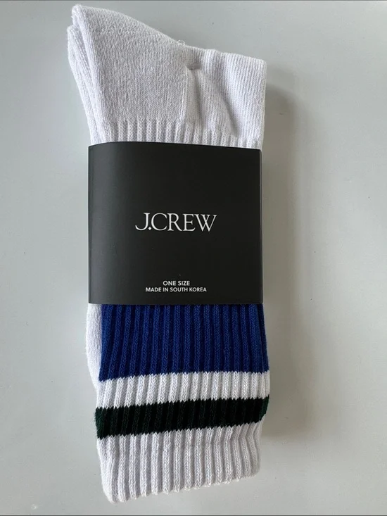 NWT! J. Crew Men’s White Athletic Crew Socks with Blue and Dark Green Stripes