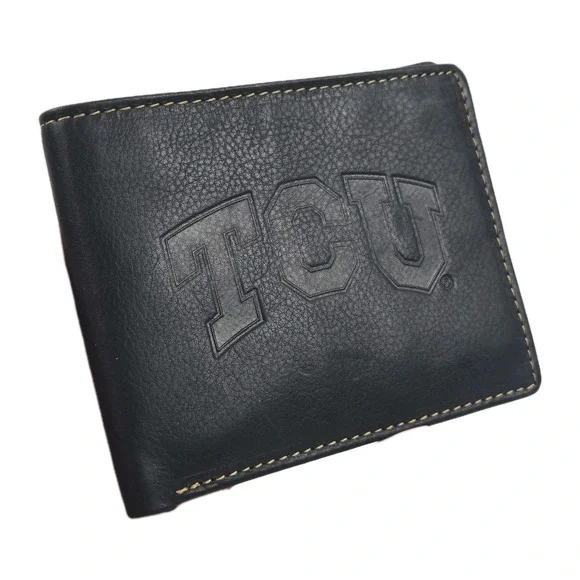 TCU Embossed Genuine Black Leather Men's Slim Bifold Wallet EXCELLENT COND