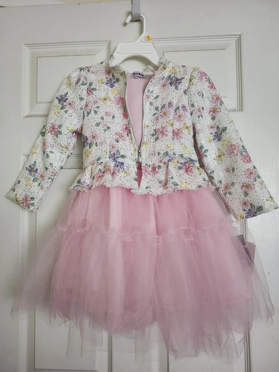 Blueberi Boulevard White Floral Sequin Jacket with Pink Tulle Dress