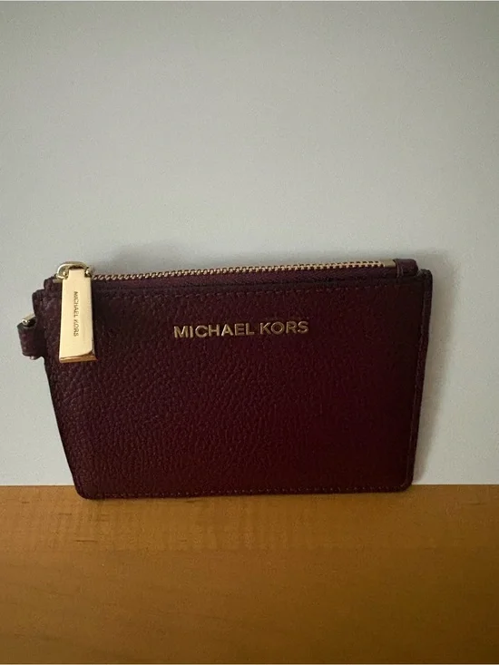 Michael Kors Burgundy Pebbled Leather Zip Card Holder with Gold Hardware