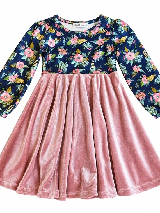 Orchid Lane Navy Floral Top with Pink Velvet Skirt Girls' Dress