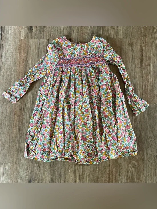 Mini Boden Floral Smocked Long-Sleeve Kids Dress - Pink & Multi
