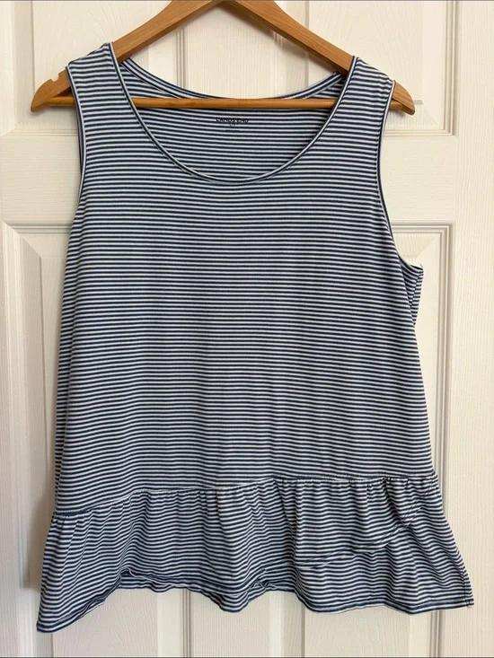 Women’s Lands’ End Striped Ruffle Hem - Navy & White, size large/TALL