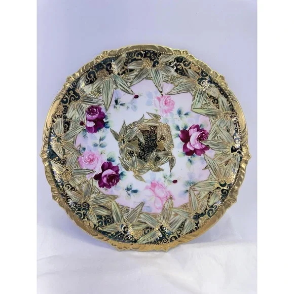 Antique Tokio Wheelock Japan Plate Hand Painted Roses Gold Moriage 9.5