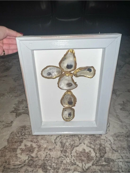 Framed White Oyster Shell Cross Wall Accent with Gold Trim