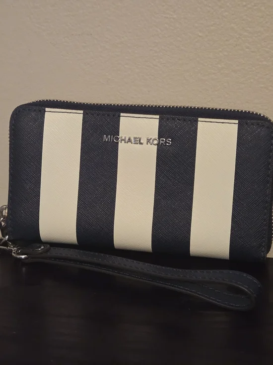 Michael Kors Navy and White Striped Wristlet