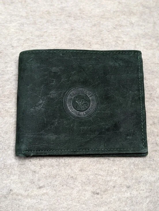 Dark Green Elephant Leather Bi Fold Wallet Zipper Interior Soft