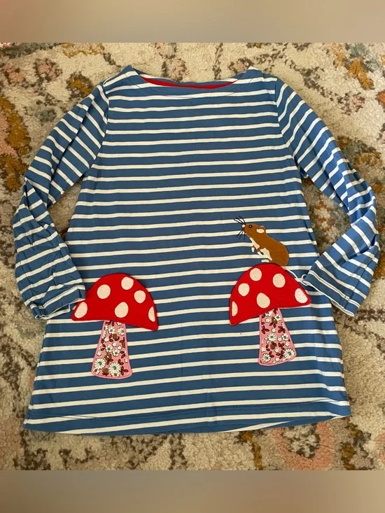 Mini Boden Blue & White Striped Long-Sleeve Tunic with Mouse Mushroom Appliqués