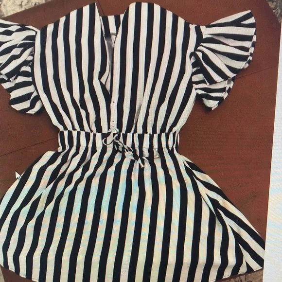 Black & White Stripe Kids Dress with Ruffle Sleeves