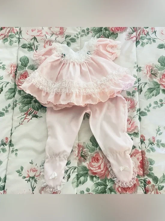 Vintage Alexis Baby Dress Pink Lace Ruffle 2 Piece Set Cotton Blend Preemie