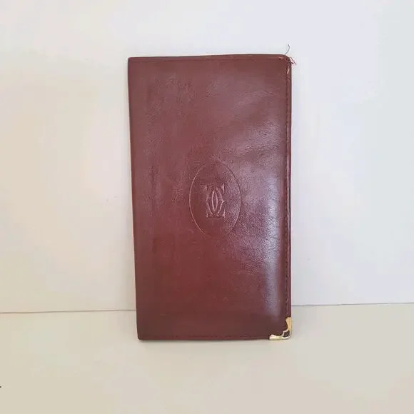Cartier Vintage Bifold‎ Leather Bordeaux Red Wallet Large Credit Card Checkbook