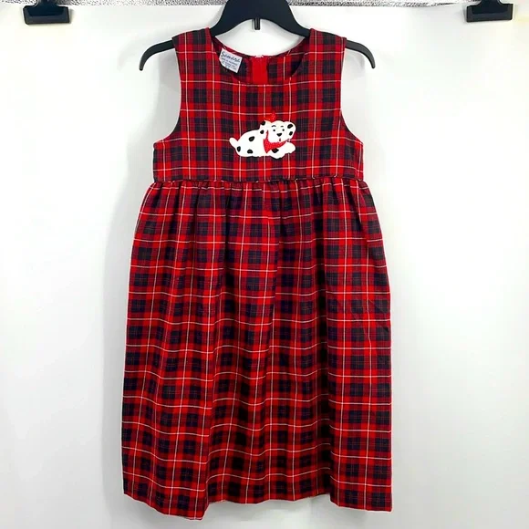Vintage 90s Samara Red Plaid Dalmatian Puppy Dress Size Large