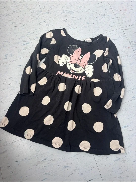 H&M Black Long-Sleeve Minnie Mouse Polka Dot dress with Pink Bow