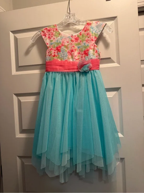 Jona Michelle Aqua Tulle Dress with Coral Floral Bodice
