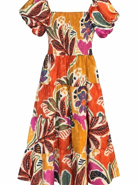 Girls' Floral Puff-Sleeve Tiered Dress in Orange & Pink