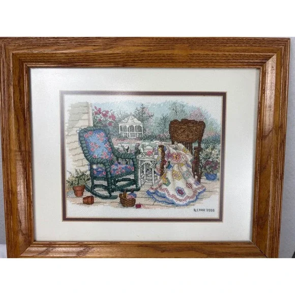 Vintage Framed Cross Stitch B. Carr 2000 Garden Scene 17x14 Cottagecore Wall Art