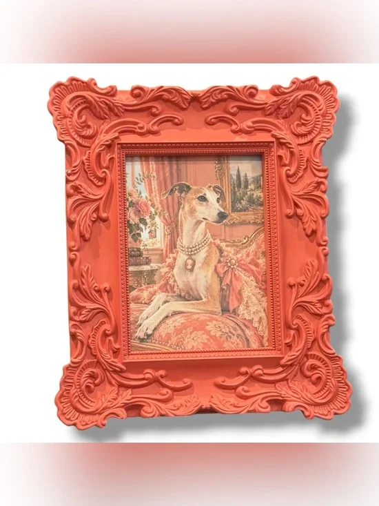 Ornate Coral Rococo Picture Frame Regal Whippet Dog Portrait Cottagecore Decor