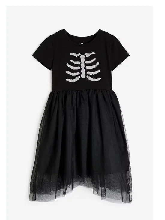 H&M Girls Black Sequin Skeleton Halloween Tulle Dress