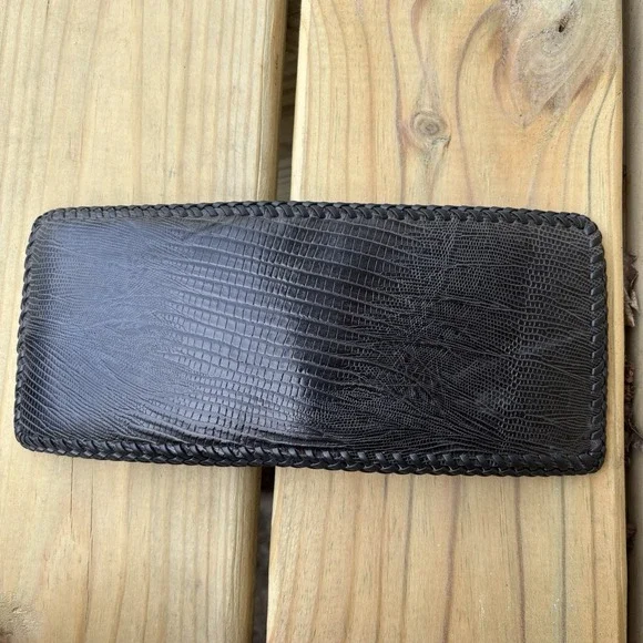 Vintage Leather Bifold Handmade Wallet Hand Tooled Solid Reptile Scales Black