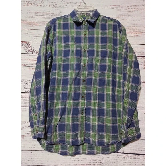 J. Crew Mens Blue Green Plaid Flannel Button Down Shirt Small Long Sleeve Cotton