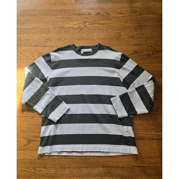 J Crew Rugby Shirt Mens XL Green Wide Striped Elbow Pads Preppy