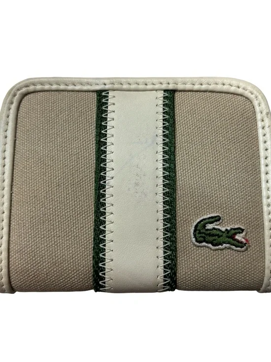 Lacoste Beige Canvas Zip Card Wallet with White Trim & Green Accent