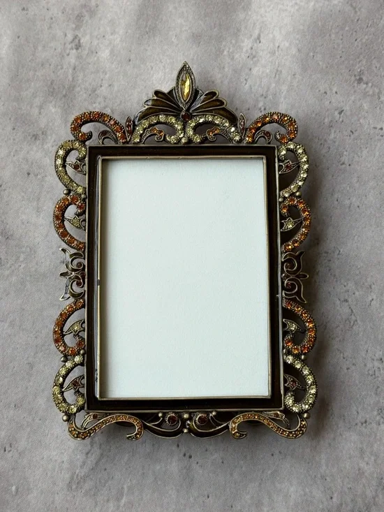 Tizo Jeweled Metal Picture Frame Amber & Champagne Crystal Ornate Baroque 5x7.5