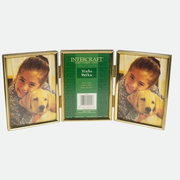 Intercraft Vintage Gold Metal Triple Folding Picture Frame 3.5x5 Triptych Beaded