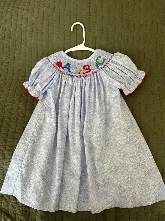 Light Blue Smocked ABC Puff-Sleeve Girls' Dress
