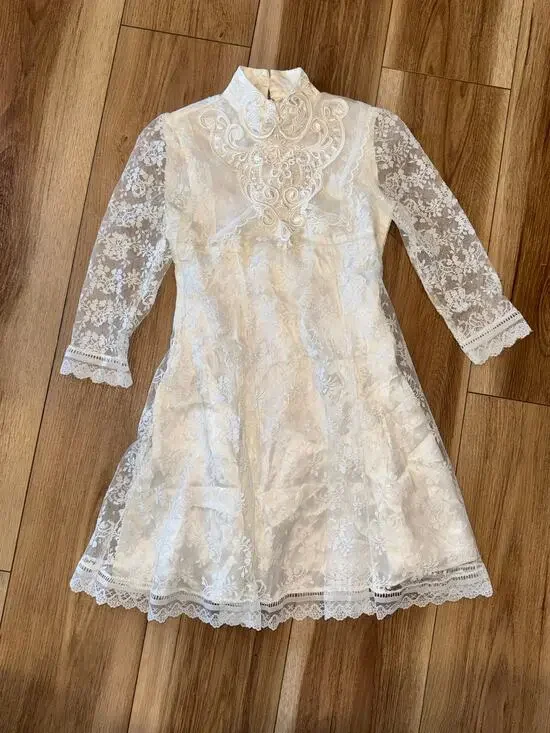 Vintage Jessica McClintock Girls White Lace Mock Neck Mini Dress Size 4