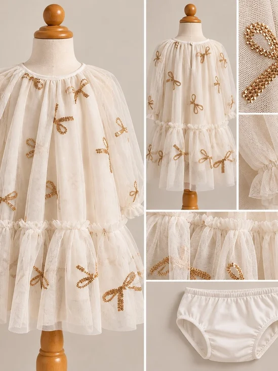 Girls 18M Cream Gold Sequin Bow Tulle Dress Bloomer Set NWT
