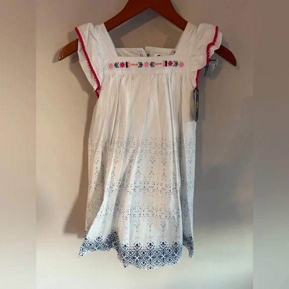 Petit Lem White Dress with Blue and Red‎ Embroidery nwt