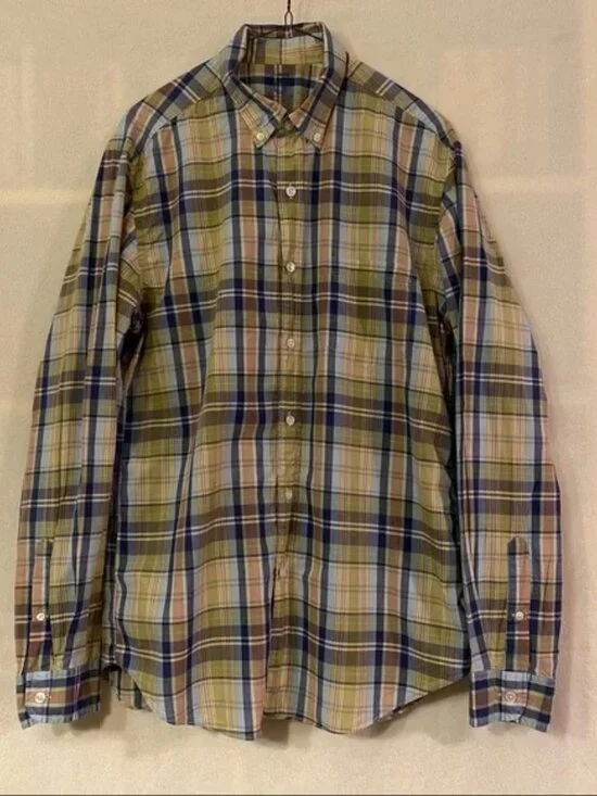 J. Crew green yellow brown blue plaid cotton light weight button down shirt