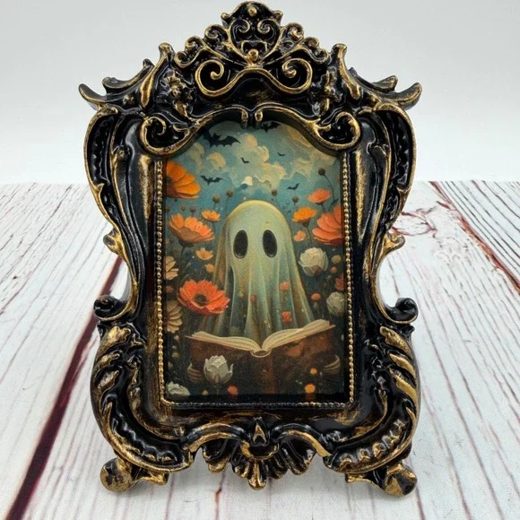 Ghost Reading Book Ornate Gold Black Resin Frame Decoupage Art Print 5in