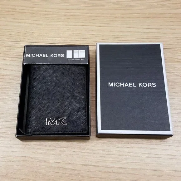 MICHAEL KORS Malone Bifold Folding Card Case Wallet Black Saffiano Leather $68