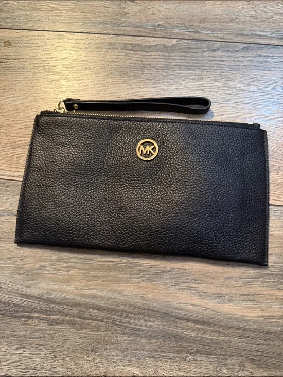 Michael Kors Black Pebbled Leather Wrist Strap Clutch with Gold Logo