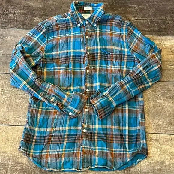 J. Crew Men's Slim Teal Brown Plaid Button Down Shirt Size M