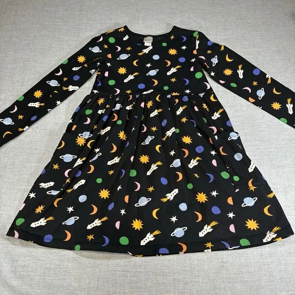 Hanna Andersson Black Space Twirl Dress Rocket, Planets, Stars Girls size 12