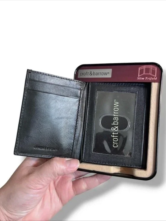 CROFT & BARROW Black Leather Slim Trifold Wallet NEW