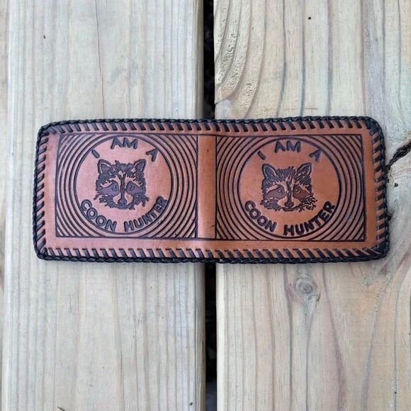 Vintage Handmade Leather Wallet Coon Hunting Bifold Hand Tooled Whipstitch USA