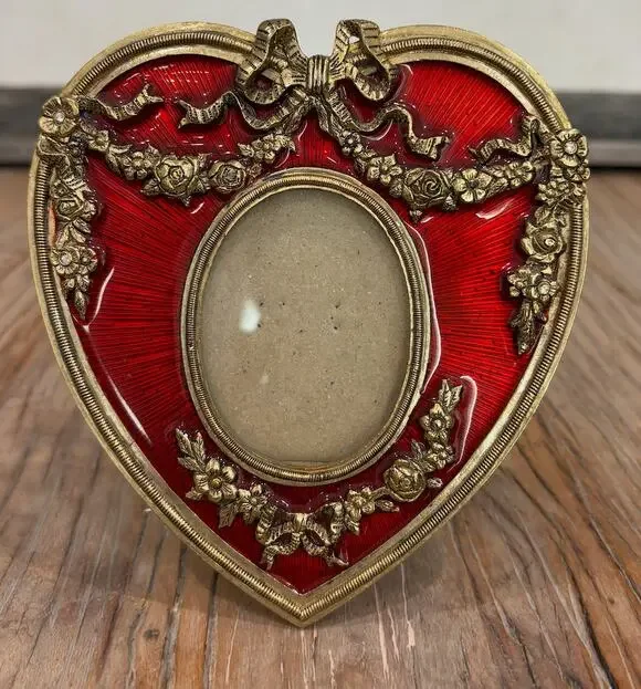 Terragrafics red enamel and brass heart-shaped picture frame