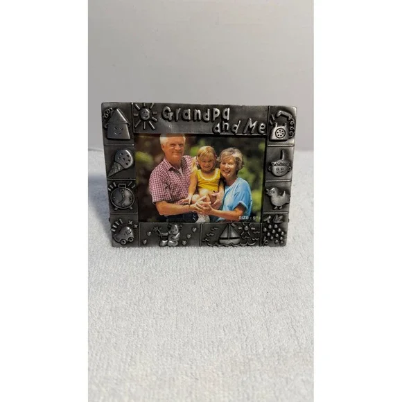 Grandpa and Me Pewter Tone Metal Picture Frame Embossed‎ Icons 5x4 Vintage Style